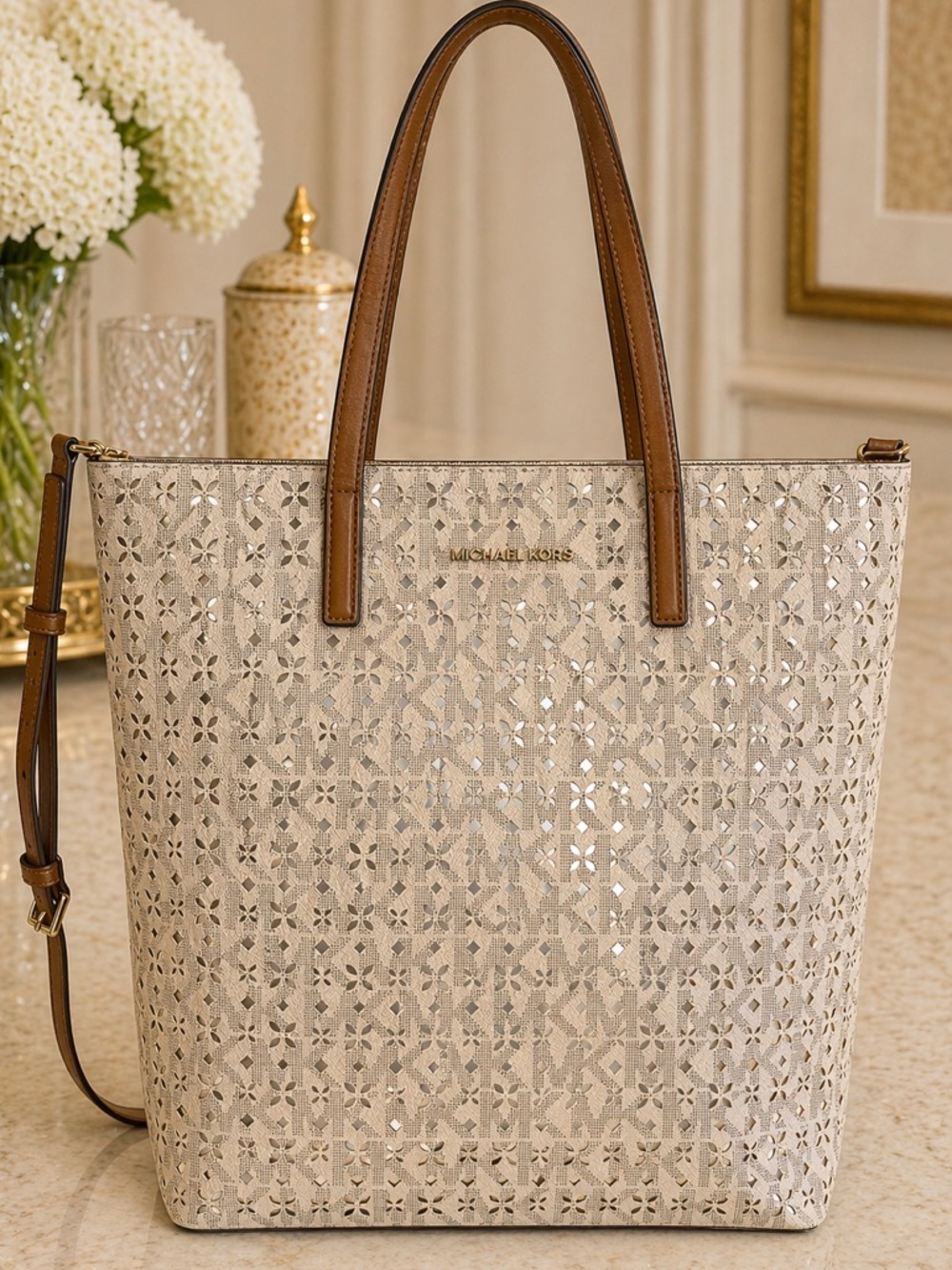 Michael Kors Laser Cut Logo Coated Canvas Hayley Tote Bag